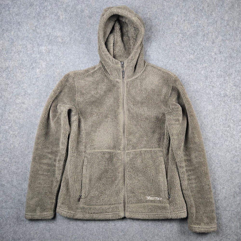 Marmot Fleece Hoodie Womens Large Taupe Brown Full Zip Teddy High Pile Jacket